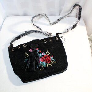 FFC New York Black Microsuede Embroidered Shoulder Bag NWT